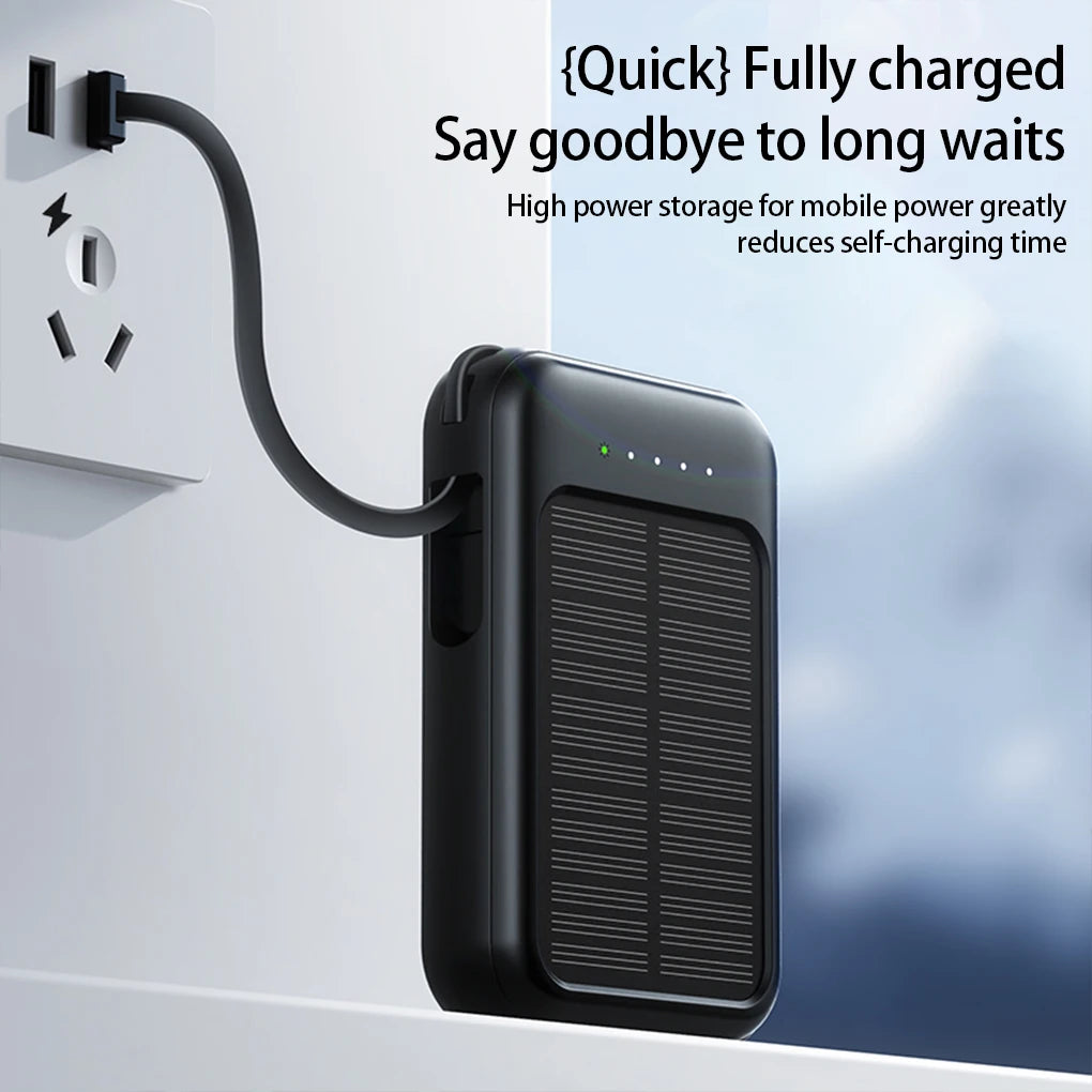 High capacity external solar charger with LED lighting, integrated cables and 2 USB ports