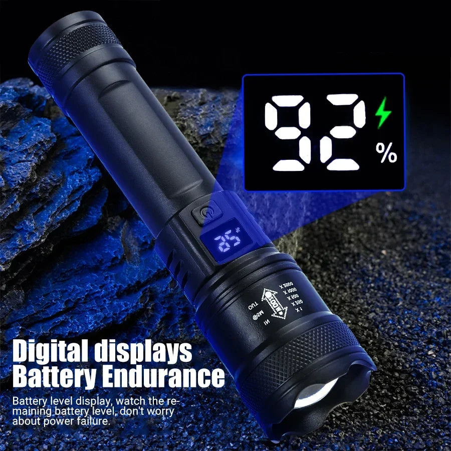 Powerful LED Flashlight 9900lm Battery Display USB Rechargeable Telescopic Zoom Outdoor Torch for Camping Fishing