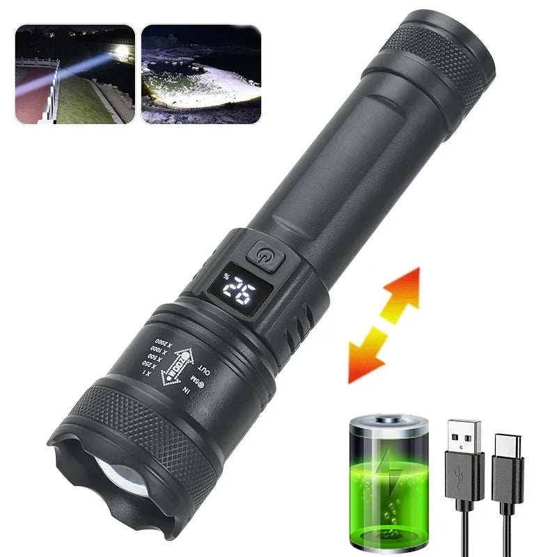 Powerful LED Flashlight 9900lm Battery Display USB Rechargeable Telescopic Zoom Outdoor Torch for Camping Fishing