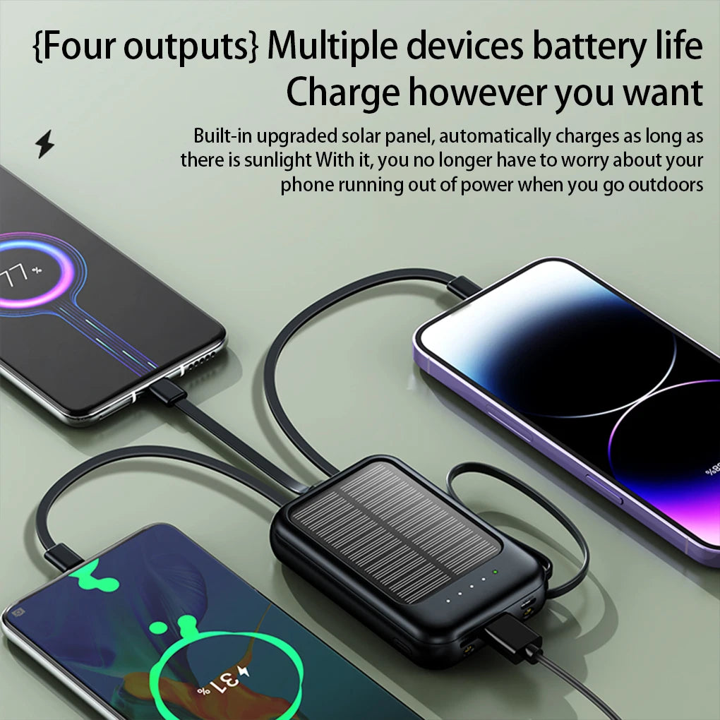 High capacity external solar charger with LED lighting, integrated cables and 2 USB ports