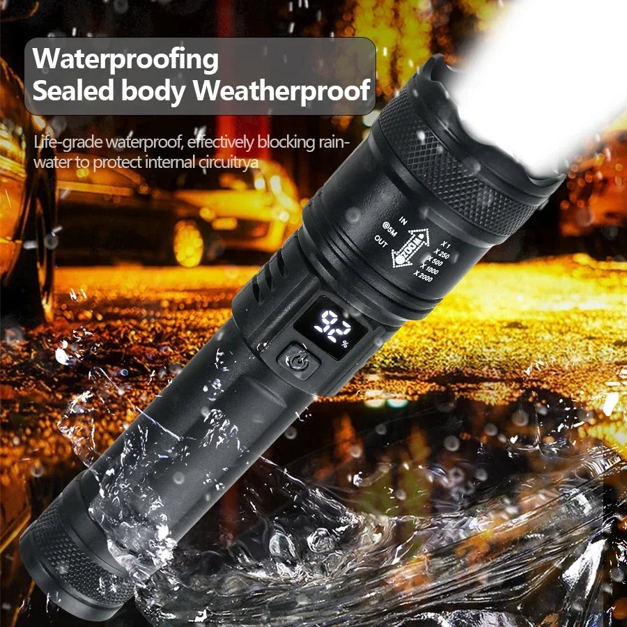 Powerful LED Flashlight 9900lm Battery Display USB Rechargeable Telescopic Zoom Outdoor Torch for Camping Fishing
