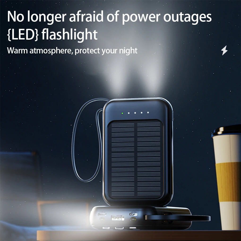 High capacity external solar charger with LED lighting, integrated cables and 2 USB ports
