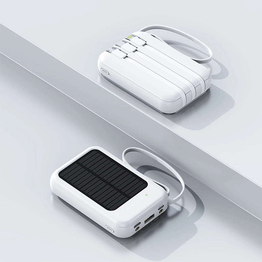 High capacity external solar charger with LED lighting, integrated cables and 2 USB ports