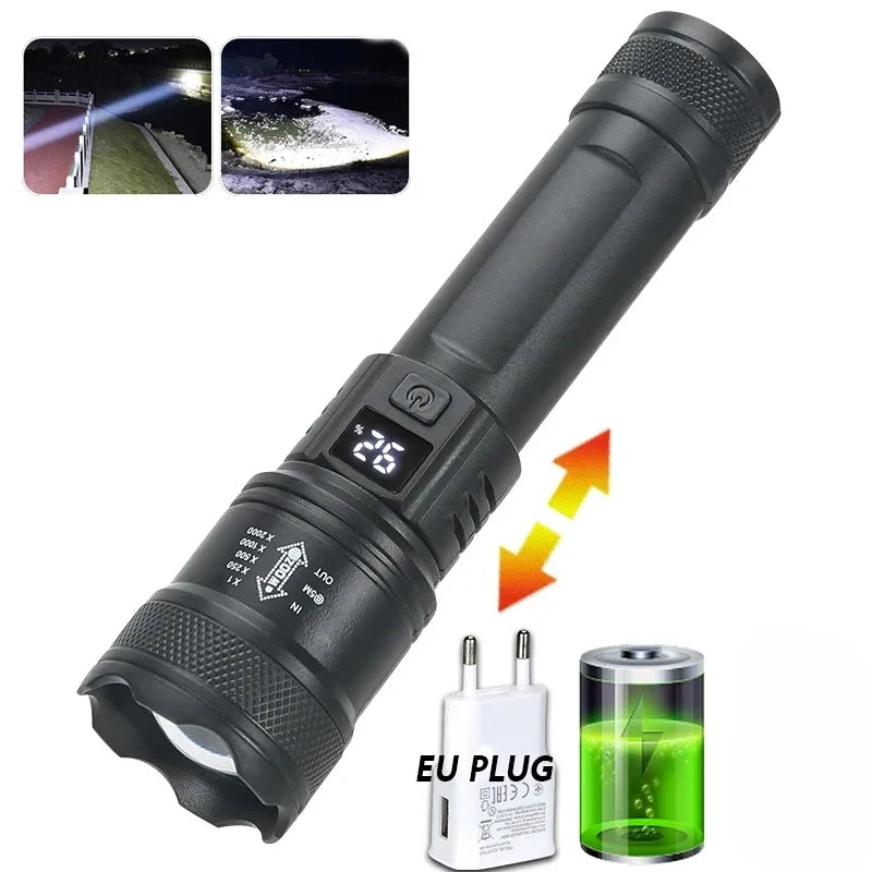 Powerful LED Flashlight 9900lm Battery Display USB Rechargeable Telescopic Zoom Outdoor Torch for Camping Fishing