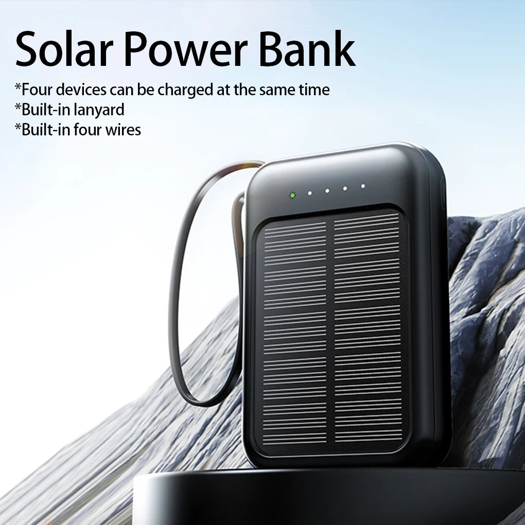 High capacity external solar charger with LED lighting, integrated cables and 2 USB ports