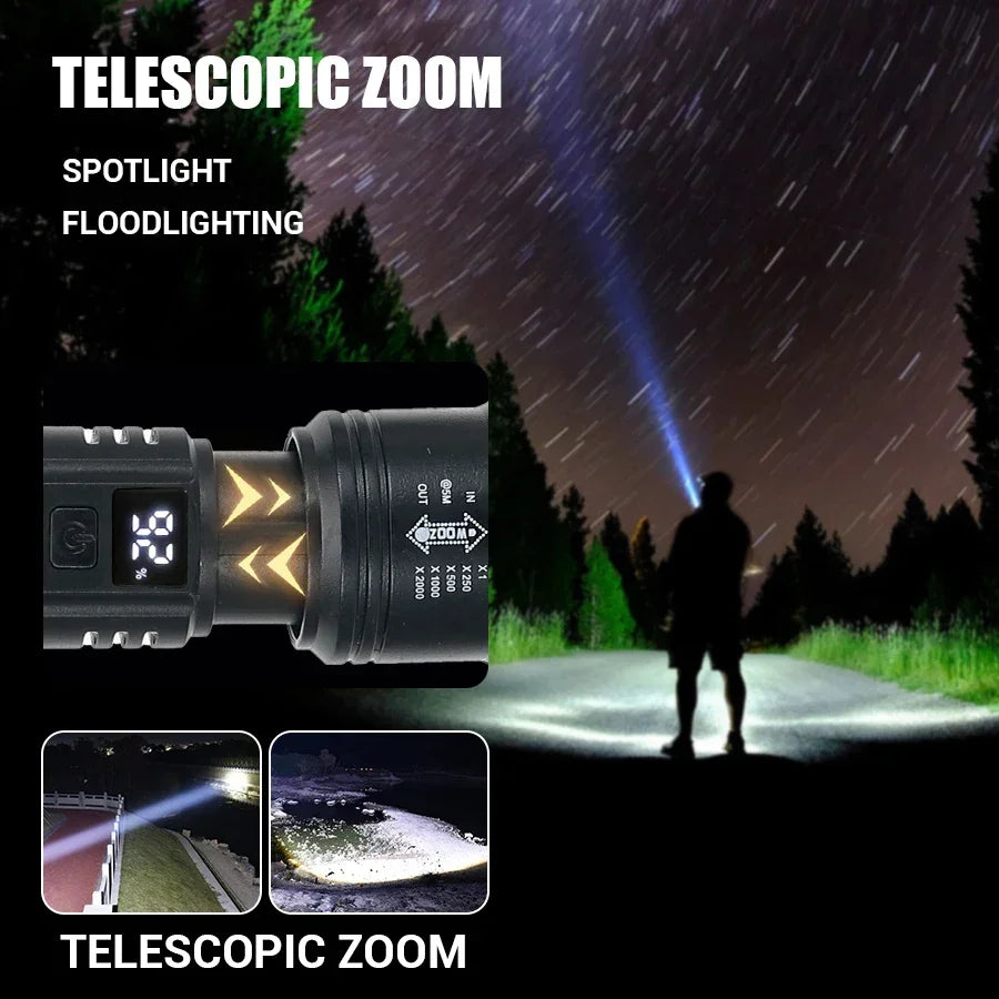 Powerful LED Flashlight 9900lm Battery Display USB Rechargeable Telescopic Zoom Outdoor Torch for Camping Fishing
