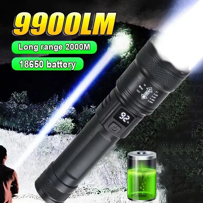 Powerful LED Flashlight 9900lm Battery Display USB Rechargeable Telescopic Zoom Outdoor Torch for Camping Fishing