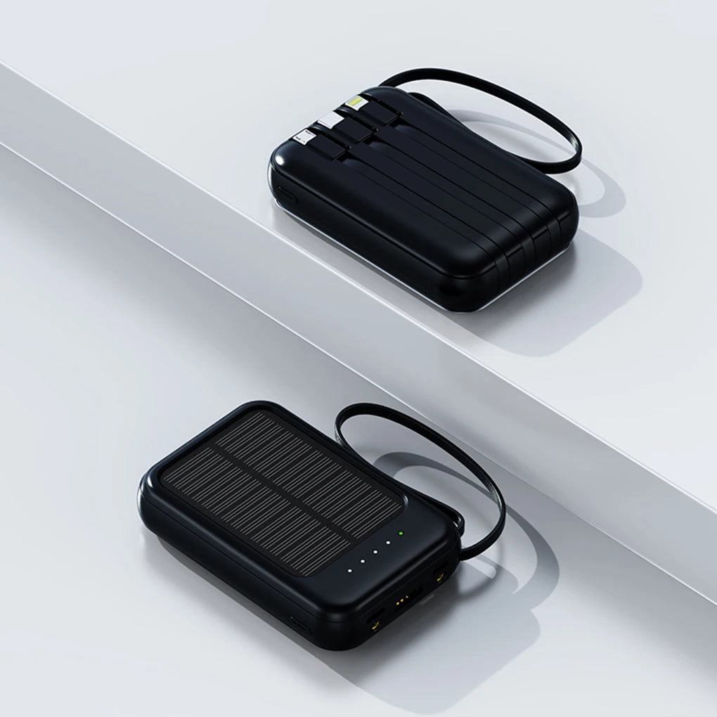 High capacity external solar charger with LED lighting, integrated cables and 2 USB ports