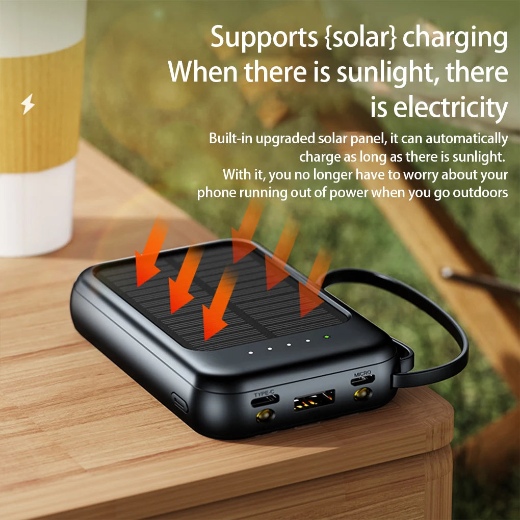 High capacity external solar charger with LED lighting, integrated cables and 2 USB ports