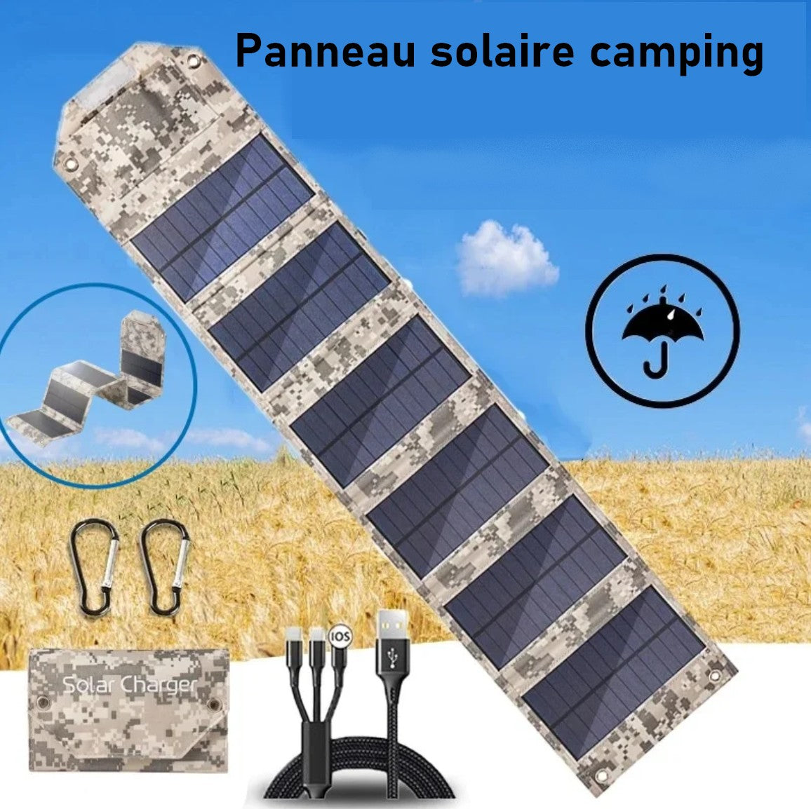 12W Foldable Solar Panel, 5V USB Solar Charger, for Camping, Hiking, Cable Included