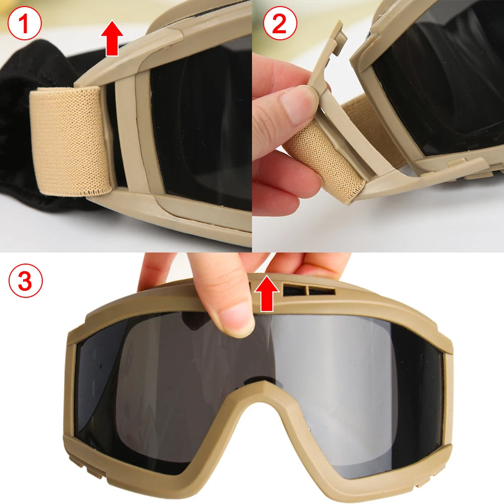JSJM Tactical Goggles 3 Lens Windproof Dustproof CS Protection