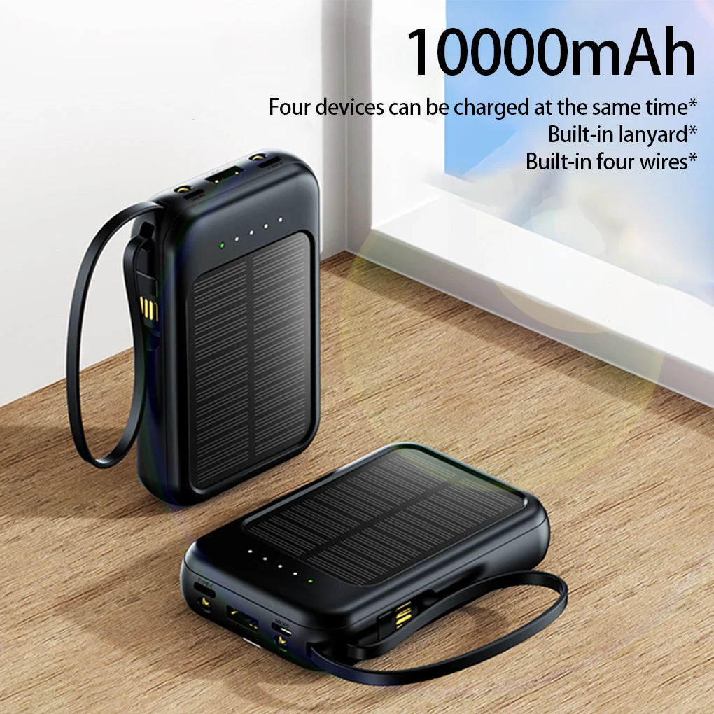 High capacity external solar charger with LED lighting, integrated cables and 2 USB ports